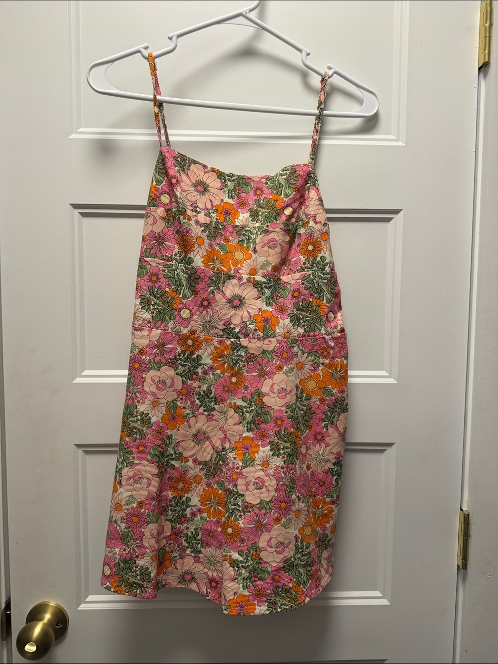 Floral Pink & Orange Mini Romper/shorts one-piece with Green Accents